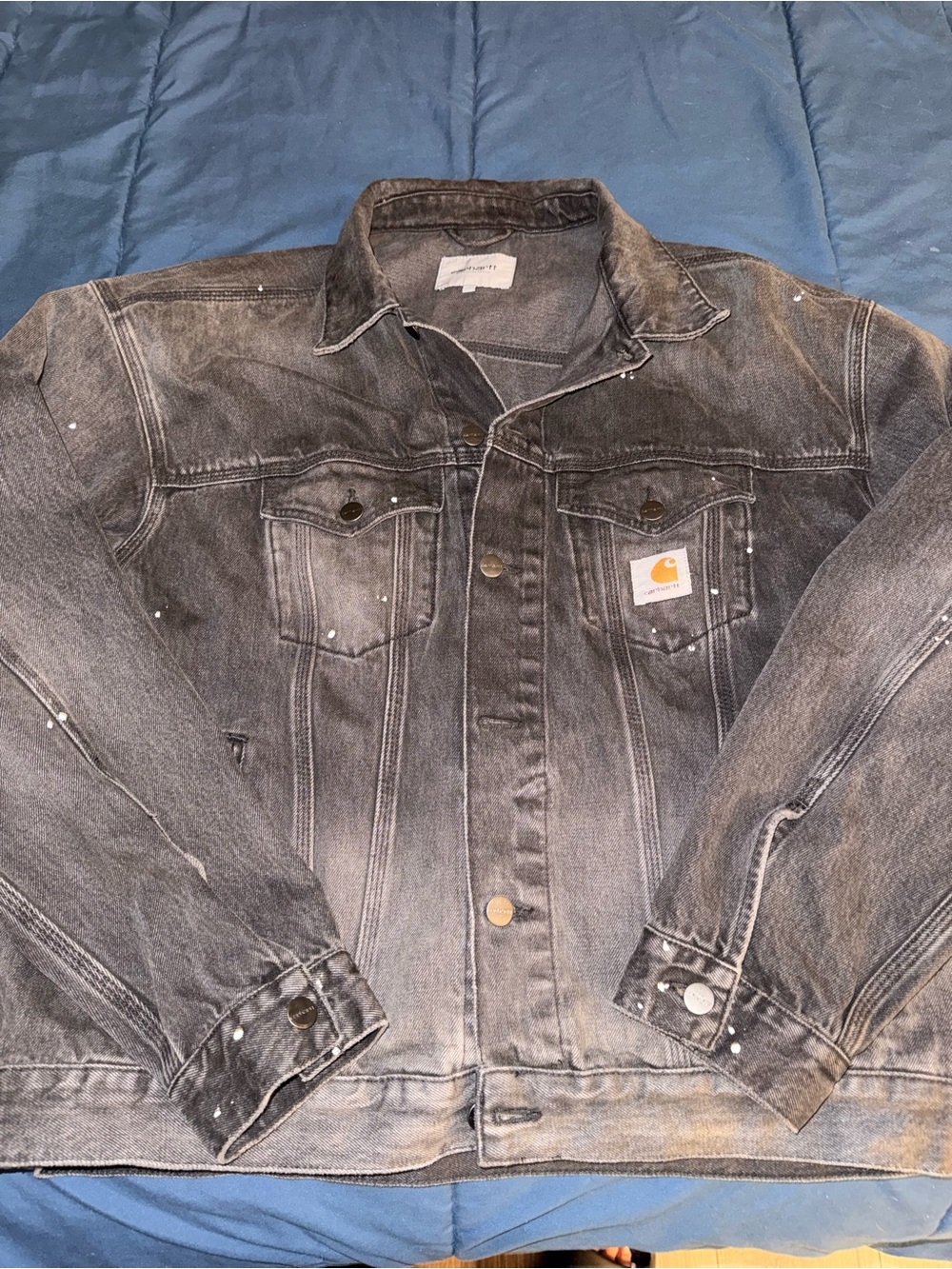 Carhartt WIP Washed Black Denim Jacket with Paint-Splash Accents